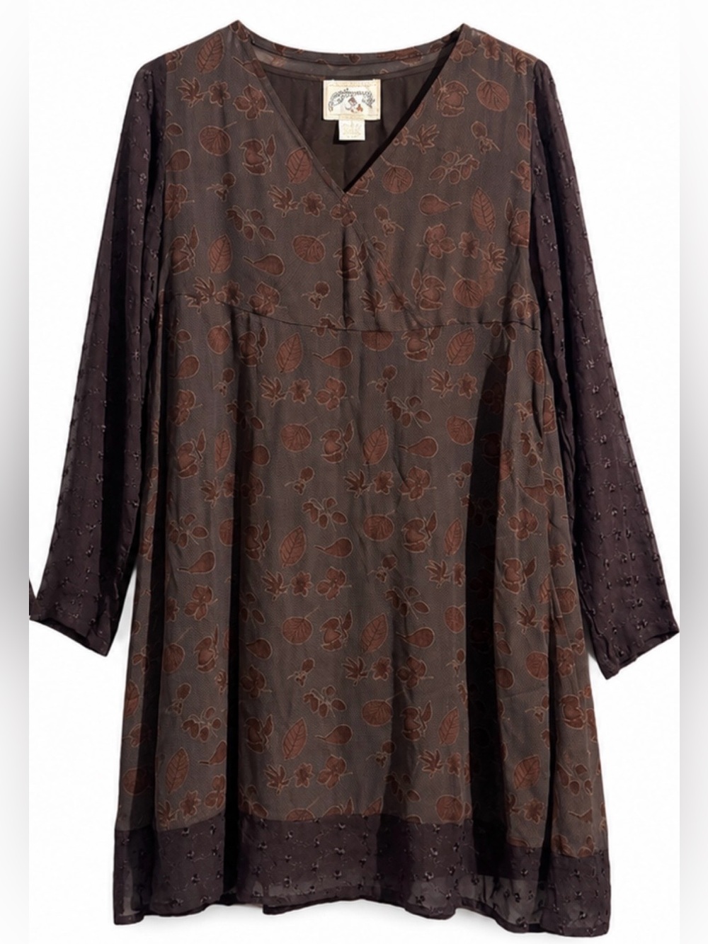 Pudding Shop by April Cornell 1999 Brown Sheer Sleeves  Leaf Cottagecore Dress